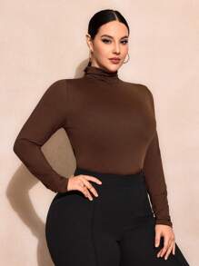 SHEIN SXY Plus Size Solid Color Slim Fit High-Necked Long Sleeve All-Match T-Shirt Basic Tees Fall - Brown - View 4