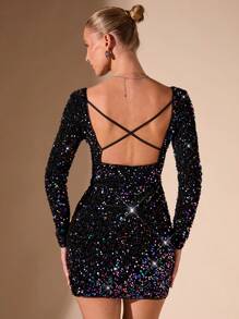 SHEIN BAE Vestido negro corto y sexy para fiesta/cita/despedida de soltera/disfraz de musical/cóctel/Halloween, vestido corto deslumbrante y exquisito con cuello cuadrado sin espalda, tirantes cruzados, mini vestido con lentejuelas brillantes de color, vestido negro de graduación, conjuntos de mujer para club, vestido de terciopelo con lentejuelas - Negro - Ver 3