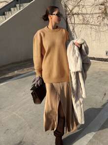 DAZY Women's Solid Color Patchwork PU Round Neck Sweater,Fall Clothes - Khaki - View 7