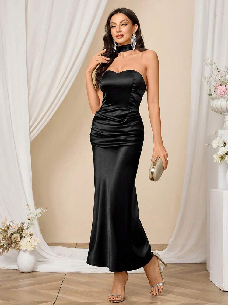 shein black bridesmaid dresses SHEIN Belle Women's Wedding Black Satin Long Elegant Bridesmaid Dresses  (Adult)