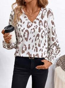 SHEIN Clasi Women's Leopard Print V-Neck Long Sleeve Casual Blouse Work Blouse - Multicolor - View 1