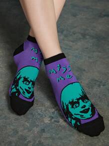 ANNABELLE x SHEIN 2 piezas/Juego Medias de tobillo con estampado de figura humana espeluznante y letras para Halloween para mujer