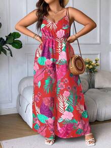 Breezaya 大码细肩带露背优雅全身印花连体裤 - 紅色 - 查看 8