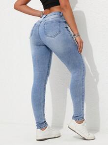 SHEIN Tall 休闲破洞紧身牛仔裤 - 淺色水洗藍 - 查看 2