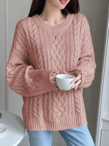 DAZY 休闲宽松纯色落肩毛衣，秋冬，秋季女装 - 粉色 - 查看 3