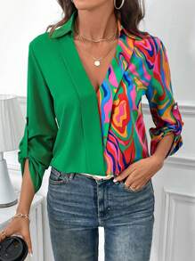 SHEIN Clasi Blouse longue manches à col châle avec bloc de couleurs à motif vague (imprimé aléatoire) pour femmes