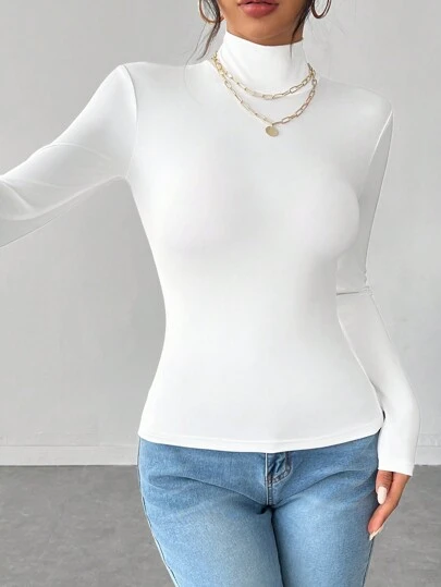 SHEIN PETITE Solid Color Slim High Collar Long Sleeve White Top