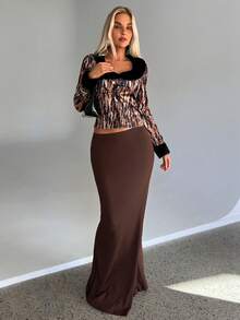 Aloruh Váy dệt kim siêu dài, eo siêu thấp, mặc thường ngày - Cà phê nâu - Xem 4