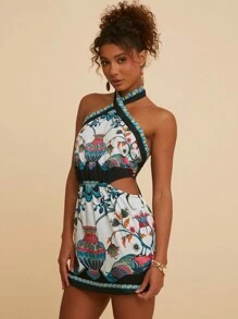 Travachic 女式度假编织印花镂空挂脖迷你连衣裙 - 黑色 - 查看 5