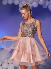 SHEIN Belle Elegant, Romantic And Gorgeous Lotus Pink Sequined Mesh, Round Neck Vest Sleeves, Asymmetric Puff Dress, Suitable For Prom, Bachelor Party, Dinner Date, Formal Prom Dress., Semi Formal Dress, For Birthday, Wedding Guest, Graduation Homecoming - Pink - View 4