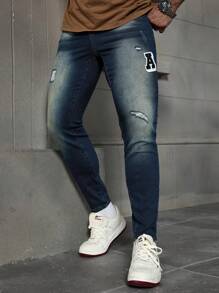 Manfinity Homme Men's Dark Blue Washed Elastic Denim Skinny Jeans - Dark Wash - View 7