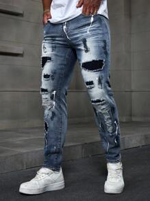 Manfinity Roughcore Men's Dark Blue Washed Denim Stretch Skinny Jeans - Teal Blue - View 5