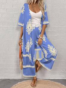 SHEIN LUNE 女士白色背心、全印花夹克和长裤休闲度假 3 件套 - 彩色 - 查看 4