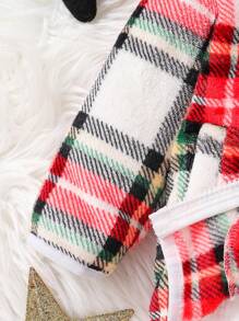 Baby Boy Plaid Long Sleeve Hoodie Jacket With Adorable Ear Design, Autumn/Winter, For Christmas - Burgundy - View 3