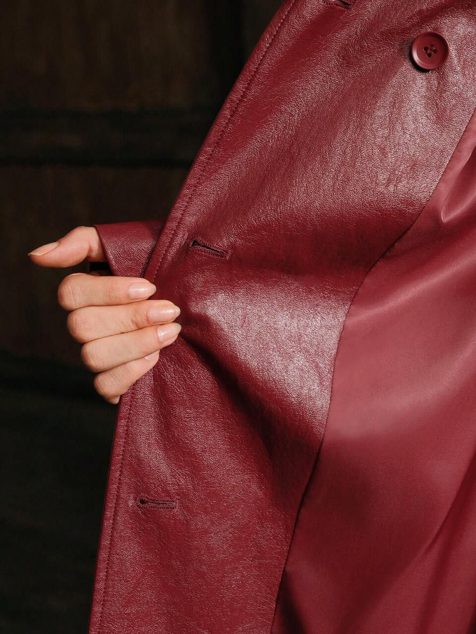 1pc Women's Burgundy PU Leather Belted Long Windbreaker Jacket,Autumn,Elegent,Night Out Winter Pocket Lapel Loose Red Viscose Plain Coats Daily Wear