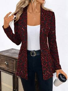 SHEIN Clasi 秋冬款豹纹单扣长袖女式西装外套 - 酒紅色 - 查看 8