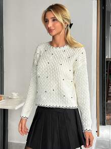 EURMUSE Woman Crew Neck Cable Knit Rhinestones And Contrast Detailed Regular Fit Winter Sweater - White - View 3