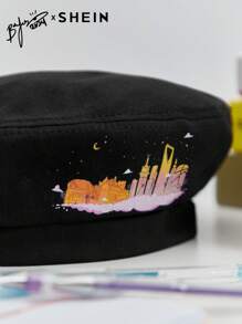 SHEIN SHEIN X Arab Artists 1pc Women's Cute, Basics Illustrator Collaboration Printed Cloud Castle Beret, Suitable For Casual Wear