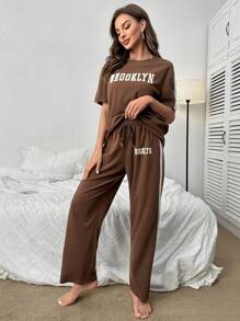 Letter Graphic Drop Shoulder Tee & Wide Leg Trousers Lounge Set - Coffee Brown - View 6