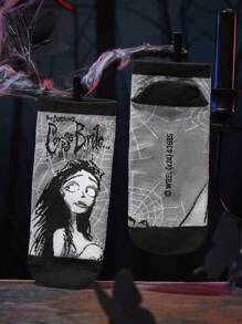 Corpse Bride X SHEIN 2pcs/Set Women Comfy Cartoon Design Ankle Socks,Lover In Wedding, Gifts For Valentine's Day,Valentine's Day