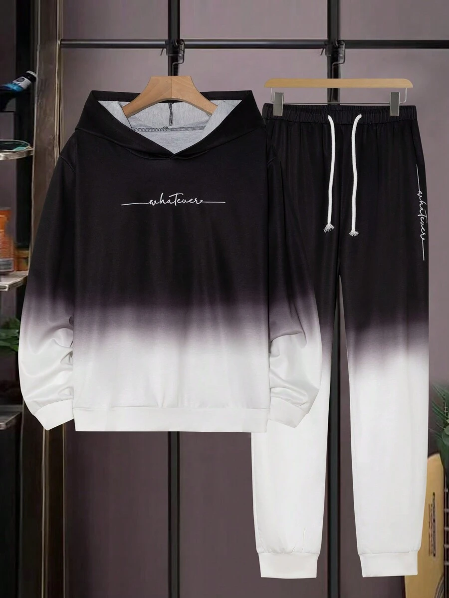 2 件套青少年男孩休闲渐变印花连帽衫和运动裤套装 - 黑與白 - 查看 1