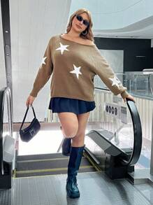 SHEIN EZwear Plus Size Open Shoulder Star Pattern Sweater