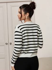 Mulvari Women Striped Print Button Front Cardigan - Black and White - View 2