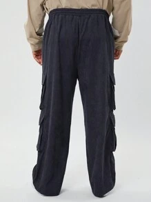 Manfinity NXTstreet Plus Size Men's Casual Corduroy Mid-Waist Drawstring Multi-Pocket Cargo Pants