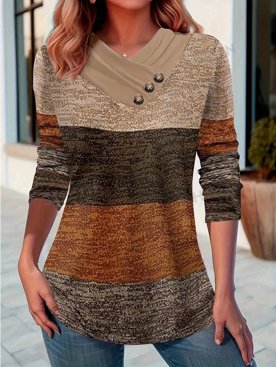 INAWLY Camiseta de manga larga informal con cuello en V y diseño de bloques de color para mujer, blusas gráficas para mujer para atuendos de primavera