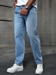 Manfinity Homme Men's Light Blue Denim Casual Straight Leg Jeans - Light Wash - View 6