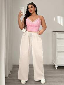 SHEIN EZwear 大码女式纯色腰带口袋阔腿宽松休闲裤 - 杏色 - 查看 7