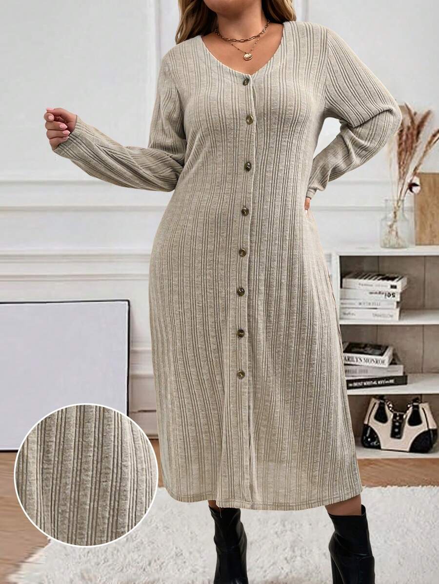 SHEIN LUNE 舒适纹理罗纹针织面料修身 V 领大码连衣裙冬装