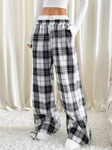 SHEIN EZwear Waist Patchwork Plaid Casual Pants, Autumn & Winter
