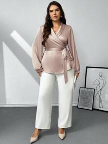 SHEIN Privé 大碼燈籠袖圍裹側打結襯衫 - 卡其色 - 查看 4