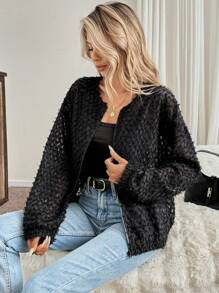 SHEIN LUNE Textured Cut-Out Pattern Casual Commute Fluffy Jacket For Women, Autumn/Winter Fall Clothes Women Holiday Outfits Business Casual Women Office Wear Women Business Casual Woman - Black - View 5