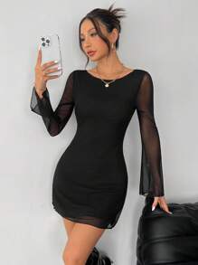 SHEIN PETITE 女士黑色新款性感露背长款喇叭袖网纱连衣裙初秋款