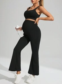 SHEIN 2pcs/Set Maternity Square Neck Cropped Tank Top And Adjustable Waist Flared Pants Casual Workout Set - Black - View 5