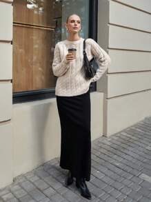 SHEIN Cottnline Women Cable Knit Pattern Round Neck Drop Shoulder Chunky Pullover - Beige - View 5