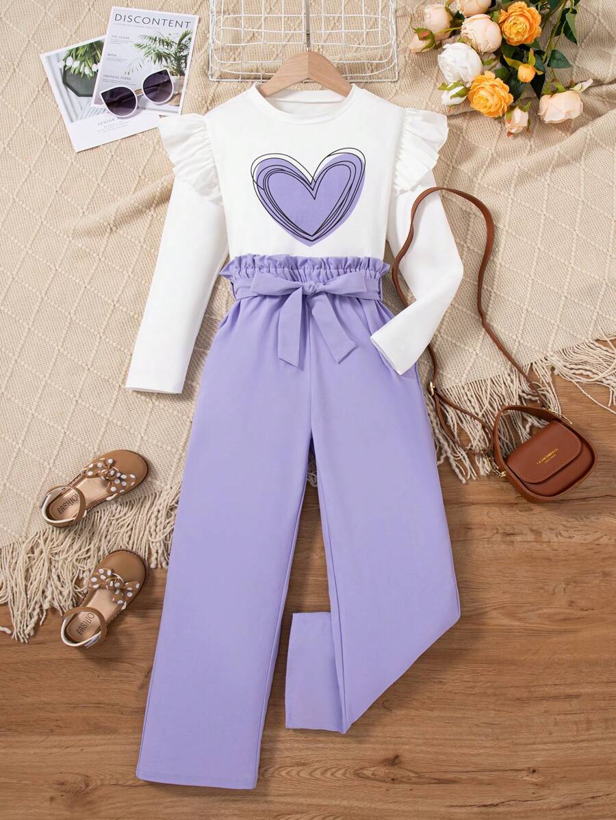 Sparklyn 2pcs/Set Tween Girl Valentine's Day Heart Print Ruffle Trim Long Sleeve Top And Pants Set, Spring & Fall