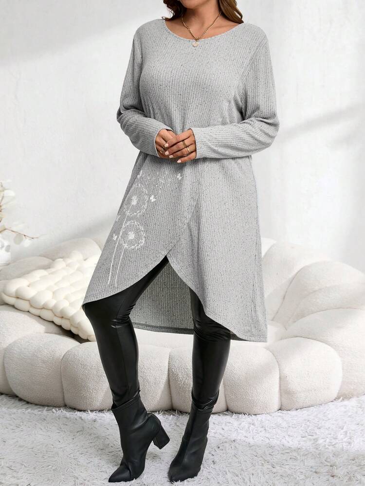 Plus Size Women's  Butterfly & Dandelion Printed Crew Neck Long Sleeve Wraparound Hem Casual T-Shirt,Fall Women Clothes