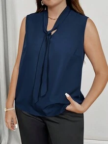 SHEIN Privé 大码纯色无袖前系带休闲衬衫 - 藏蓝色 - 查看 3