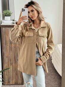 SHEIN LUNE 女式翻领纽扣羽绒服，带口袋，灯芯绒面料，优雅休闲百搭保暖冬季外套秋季服装女士假日服装商务休闲女式西方女士服装机场服装