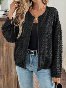 SHEIN LUNE Textured Cut-Out Pattern Casual Commute Fluffy Jacket For Women, Autumn/Winter Fall Clothes Women Holiday Outfits Business Casual Women Office Wear Women Business Casual Woman - Black - View 4