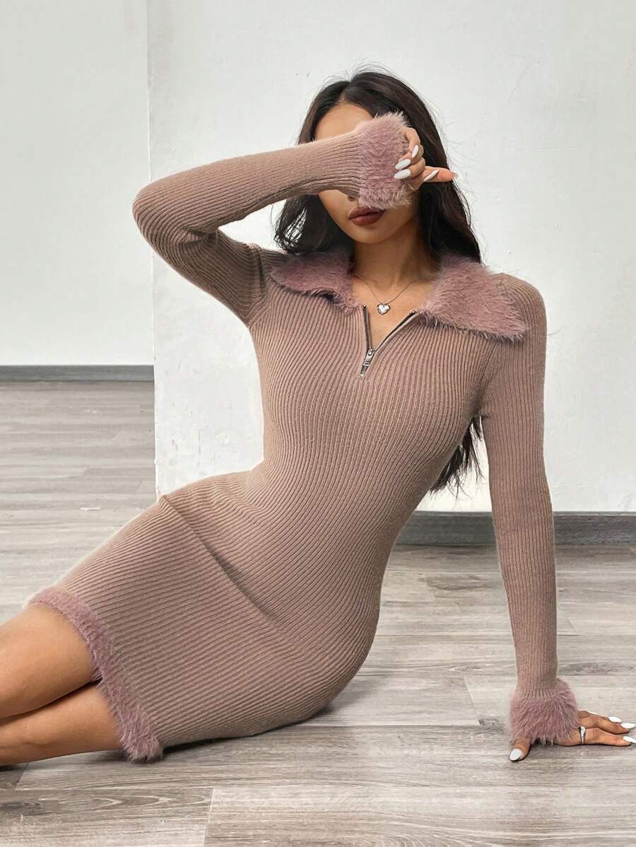 Chiquease Plain Zipper Fluffy Patchwork Ribbed Knit Long Sleeve Sweater Dress Fall Cloth For Women - Khaki - View 1