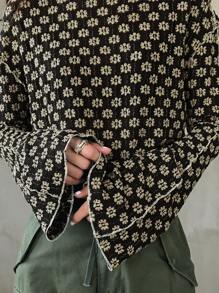 FRIFUL 女式花卉印花纹理喇叭袖长袖 T 恤，返校服装