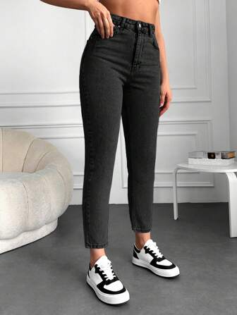 100% Cotton Women High Waist Tapered Dark Washed Denim Capri Pants