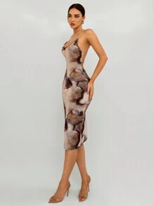Aloruh Women's Tie-Dye Print Backless Spaghetti Strap Side Slit Hem Sexy Slip Dress, Summer
