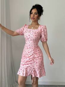 Chiquease Pink Ditsy Floral Drawstring Ruffle Hem Mini Dress - Pink - View 4