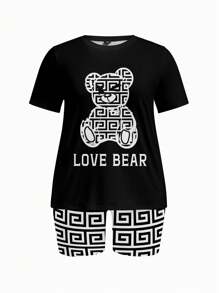 Slaydiva 2 件套休闲宽松圆领短袖熊泰迪熊印花 T 恤大码，夏季 - 黑與白 - 查看 4