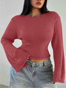 Flirla Plus Size Solid Color Bell Sleeve Sweater Knit Pullover Fall Winter - Coral Pink - View 1
